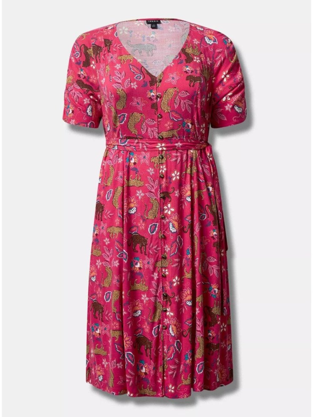 Torrid Midi Rayon Slub Button Front Tie Dress • Pink Leopard